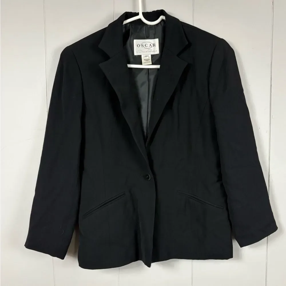 Oscar De La Renta Vintage Black Button Blazer Jacket 4R Wool Blend Classic Work